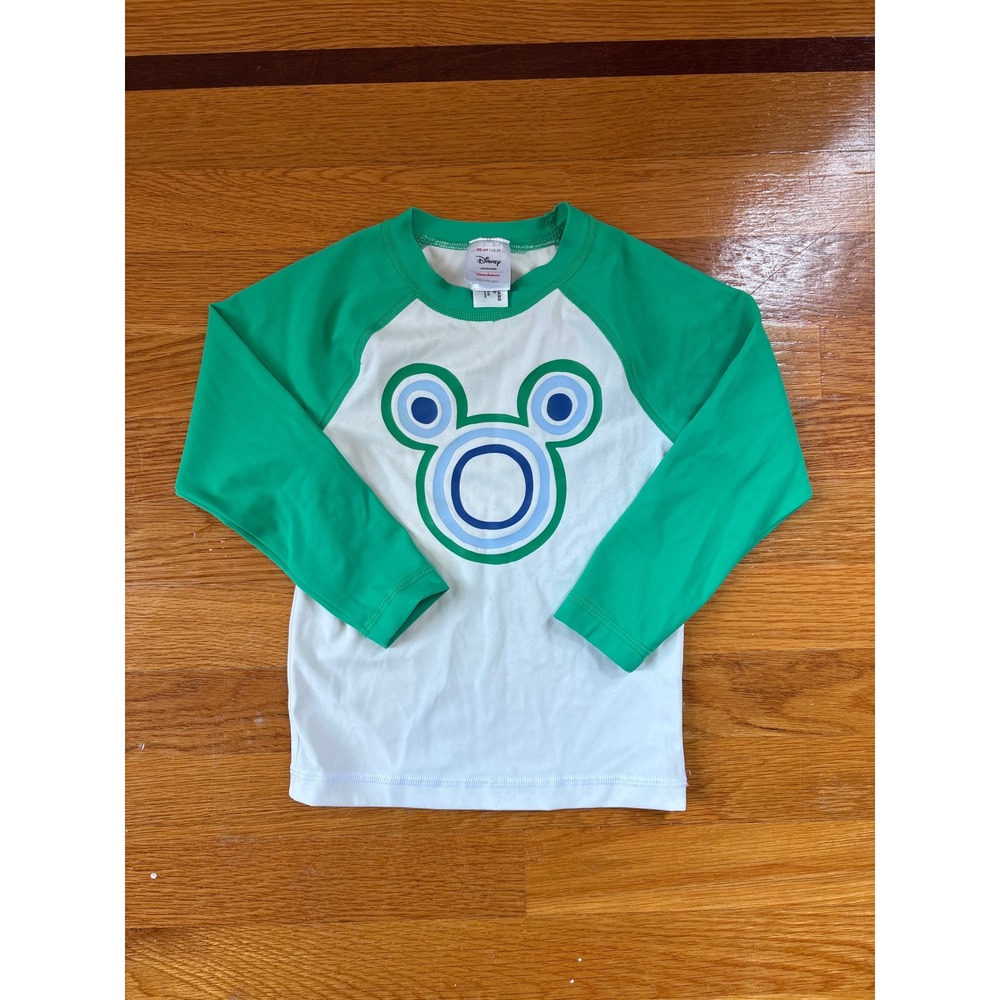 Disney Hanna Andersson Mickey Mouse Rash Guard Green White Long Sleeve 3T Raglan
